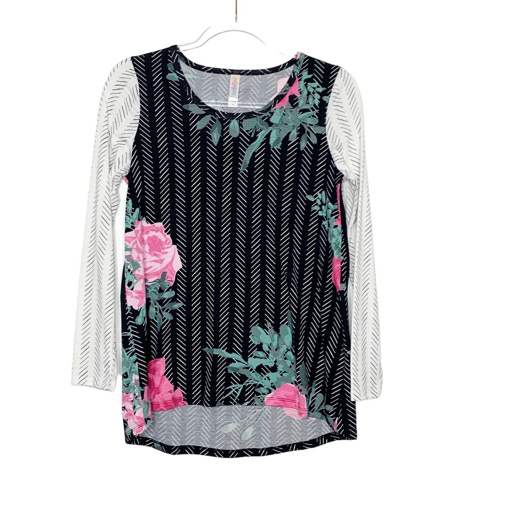 LULAROE Floral Stripe Long Sleeve Top Scoop Neck Lightweight Black White Size S